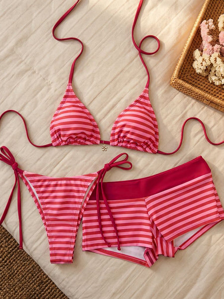 Pink Stripes Halter Bikini Set With Beach Shorts