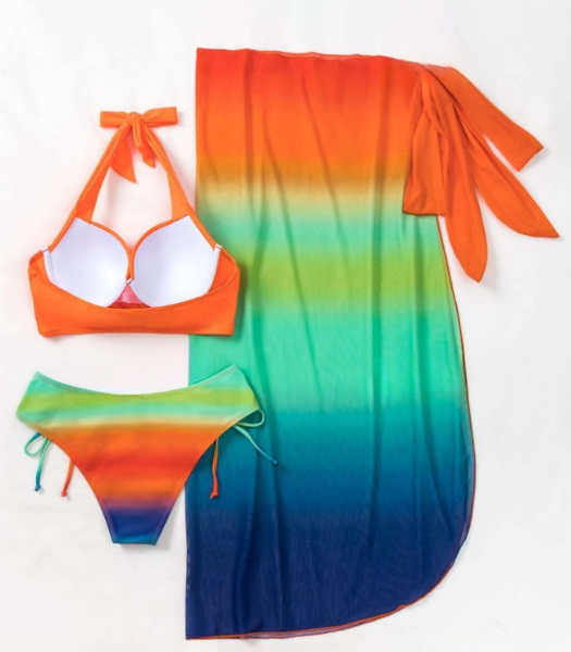 Ombre Bikini Set Halter Push Up Bra and Bikini Bottom with Beach Skirt 3 Piece Swimsuit Orange