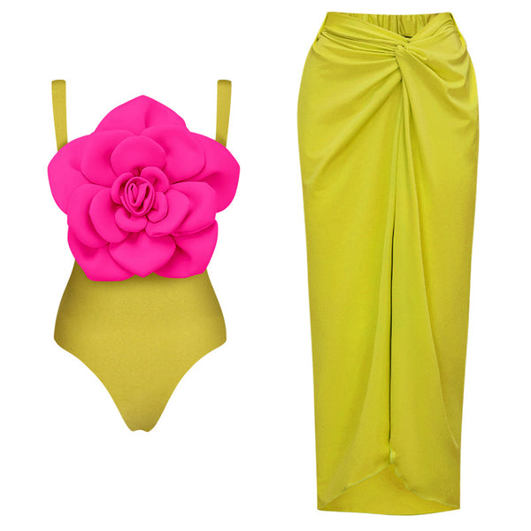 Solid Shoulder Strap Flower Décor One Piece Swimsuit with Skirt Green