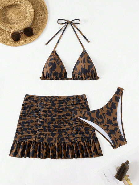 Brown Animal Print Triangle Bikini Set With Beach Skirt