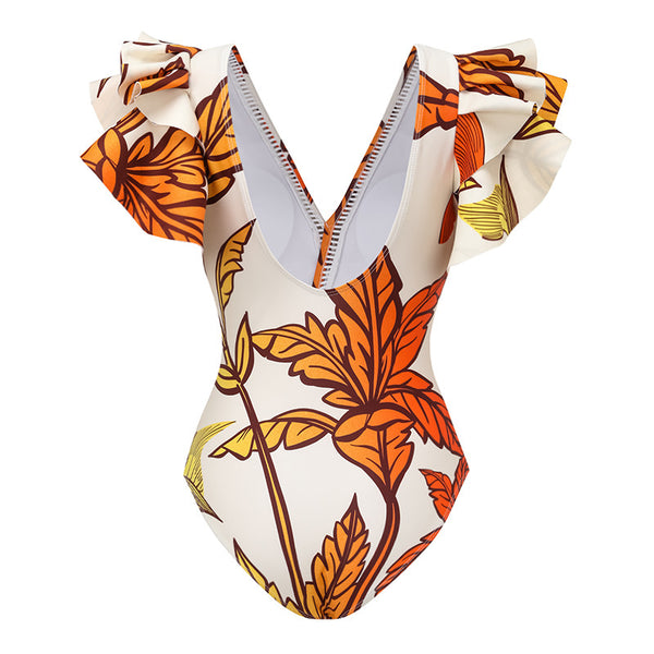 Multicolor Tropical Ruffle One Piece Swimsuit With Sarong
