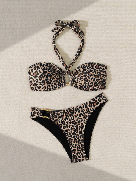 Lace-up Halter neck Two Wear Sexy Bikini Swimsuits Leopard