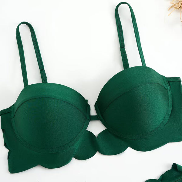 Green Solid High Waisted Bikini Set With Beach Skirt