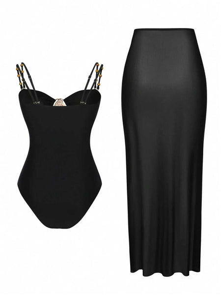 Black Colorblock One Piece Swimsuit With Sarong