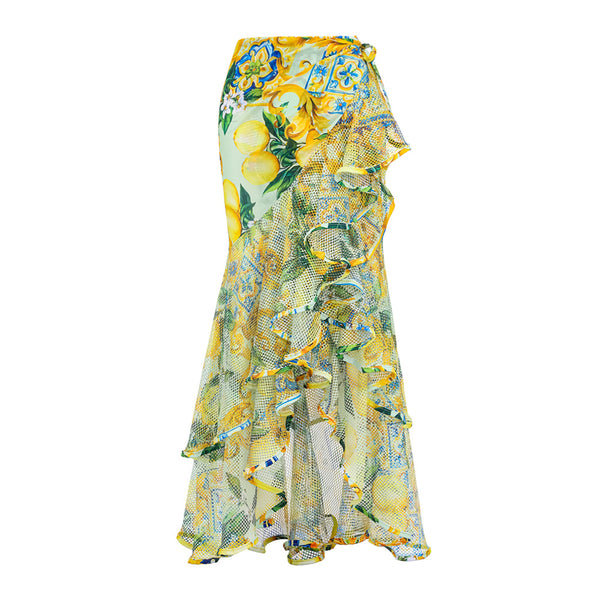 Yellow Fruit Print Underwire Bikini Set With Sarong