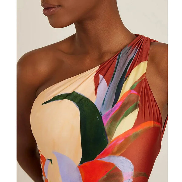 Multicolor Tropical One Shoulder One Piece Swimsuit With Sarong