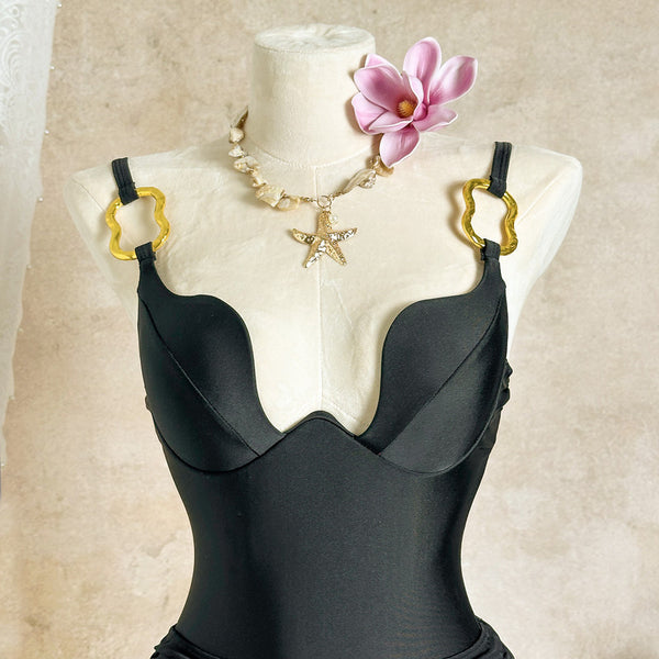 Black Solid Deep V One Piece Swimsuit Beach Skirt