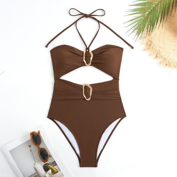 Brown Tropical Cut Out One Piece Swimsuit With Sarong