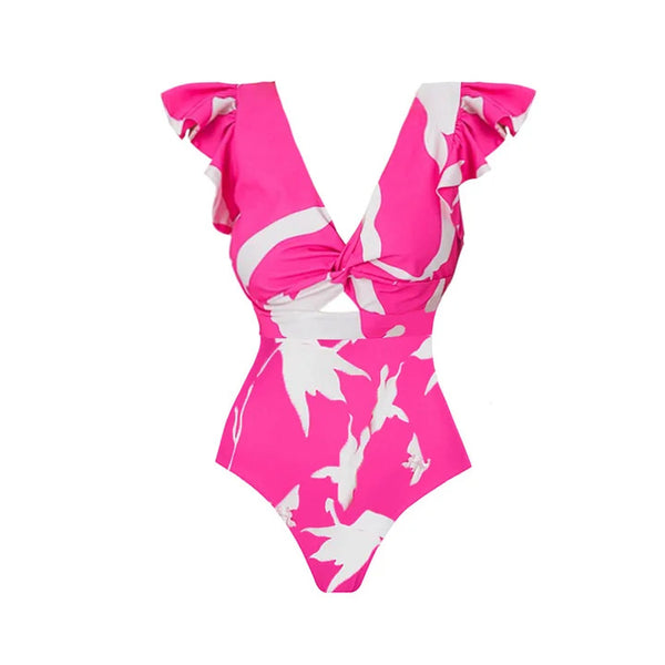 Pink Tropical Cut Out One Piece Swimsuit With Beach Skirt