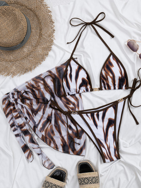 Brown Animal Print Halter Bikini Set With Sarong