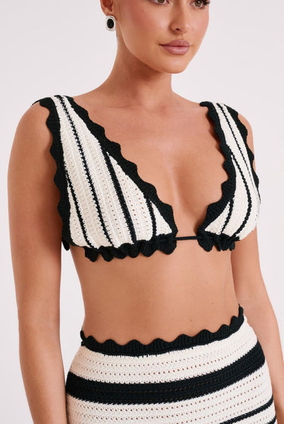 Solid Crochet Shoulder Strap Backless Two Piece Sets Black