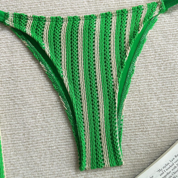Green Stripes Halter Bikini Set With Beach Pants