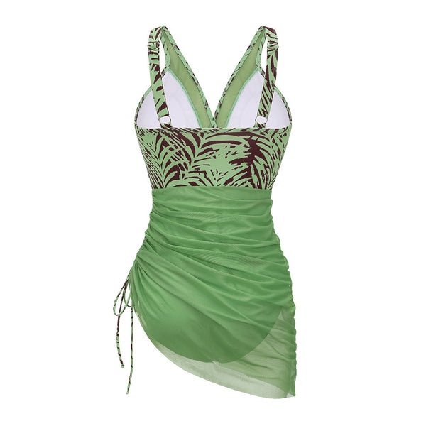 Light Green Tropical Ruched Swimsuit