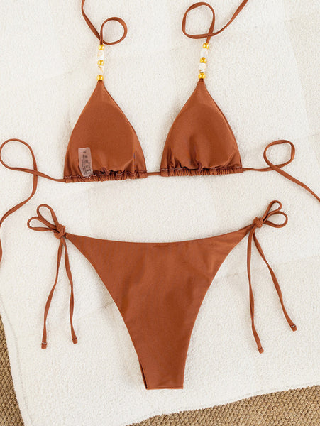 Dark Orange Solid Halter Bikini Set