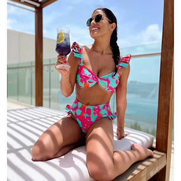 Random Print Shoulder Straps Two Pieces Bikini Swimsuit Multicolor