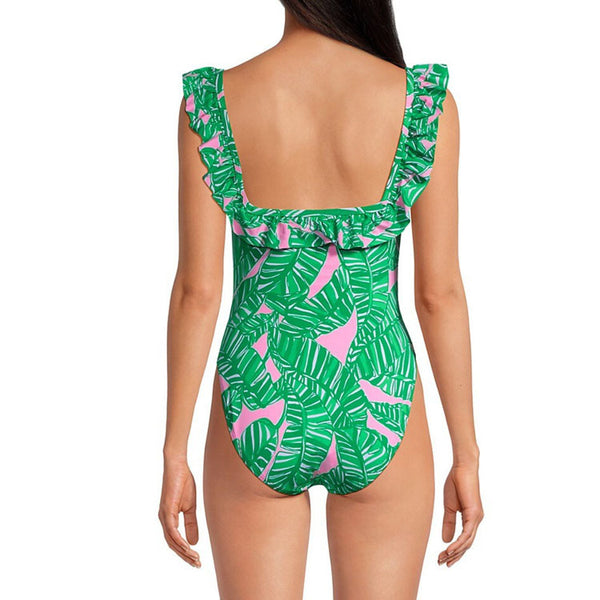 Green Tropical Ruffle One Piece Swimsuit With Beach Skirt
