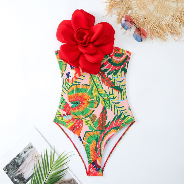 Red Tropical One Shoulder One Piece Swimsuit With Sarong