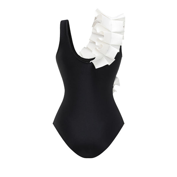 Black Polka Dots Ruffle One Piece Swimsuit With Beach Skirt
