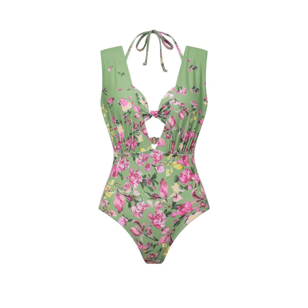 Light Green Floral Plunge Swimsuit With Bikini Top & Beach Skirt