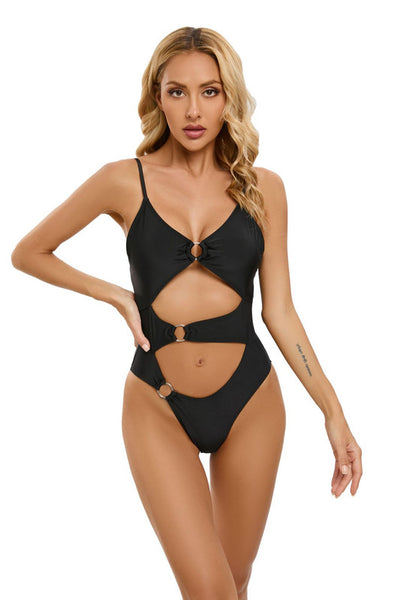 Ring Llink Hollow Out V Neck One Piece Swimsuit Black