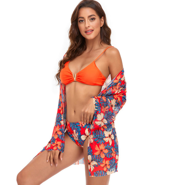 3 Piece Bikini Set Solid Color Bra Underwear Floral Triangular Swimwear Orange