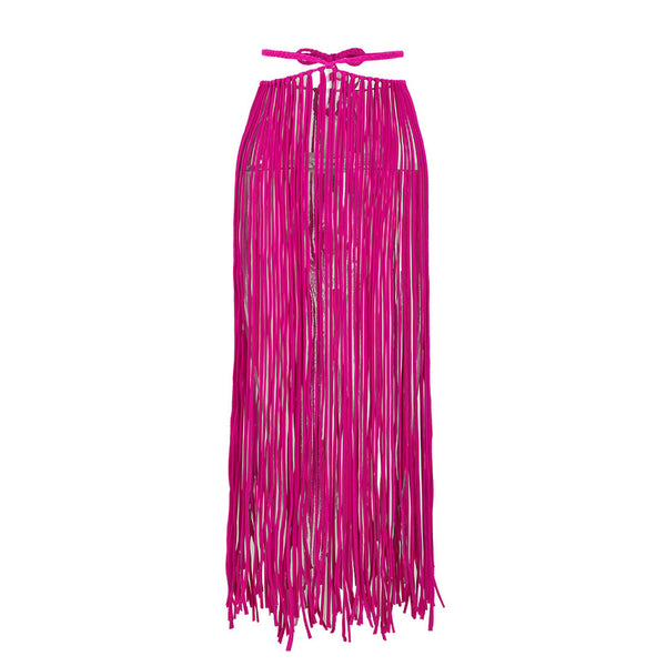 Fringe Bra Top And Skirt Three Piece Swimsuit Dark Pink