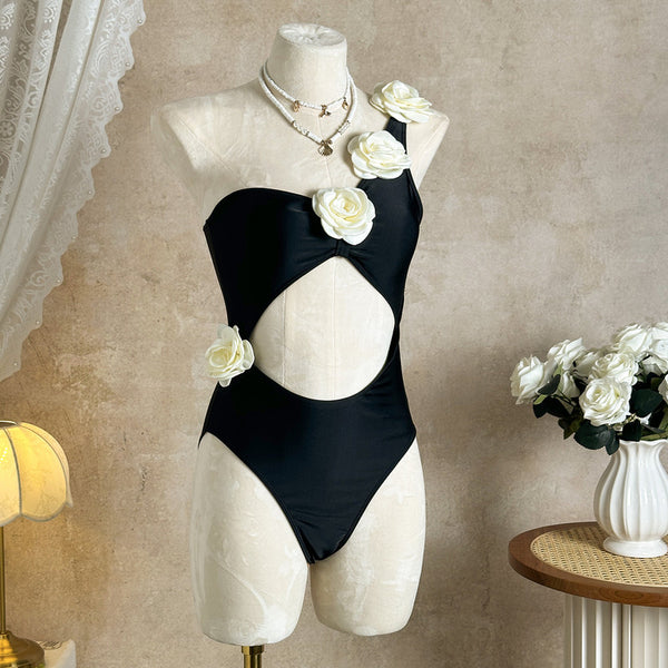 Black Solid One Shoulder One Piece Swimsuit