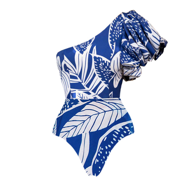 Blue Tropical One Shoulder One Piece Swimsuit With Beach Skirt