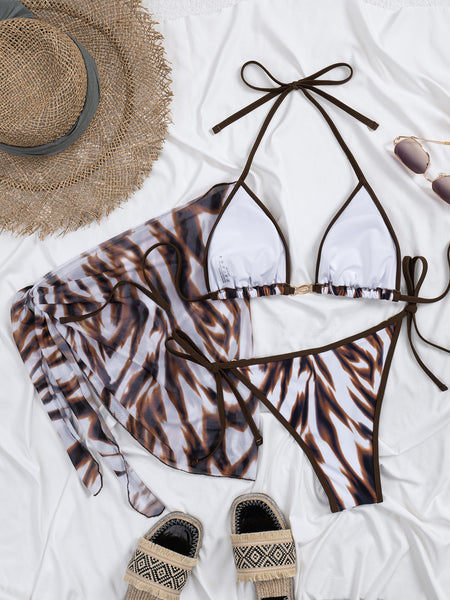 Brown Animal Print Halter Bikini Set With Sarong