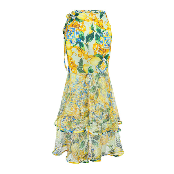 Yellow Fruit Print Underwire Bikini Set With Sarong