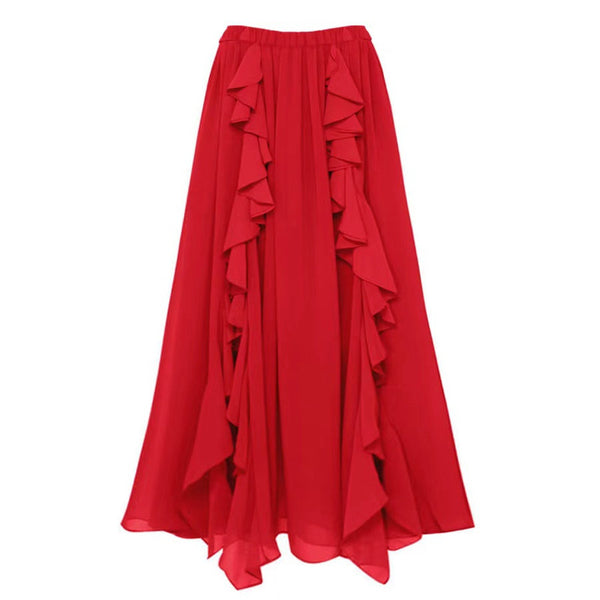 Red Solid Ruffle One Piece Swimsuit With Beach Skirt