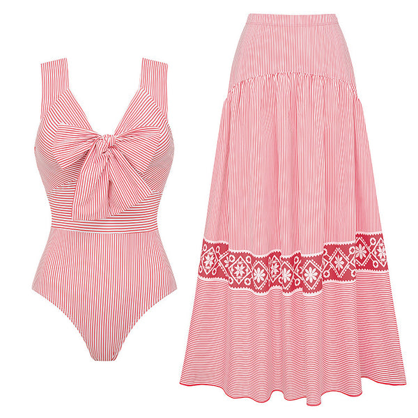 Pink Stripes High Cut One Piece Swimsuit With Beach Skirt