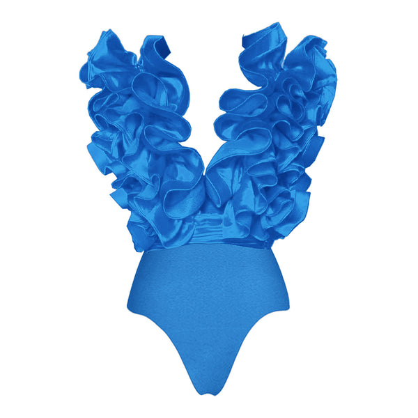 Blue Solid Ruffle One Piece Swimsuit With Ruffle Skirt