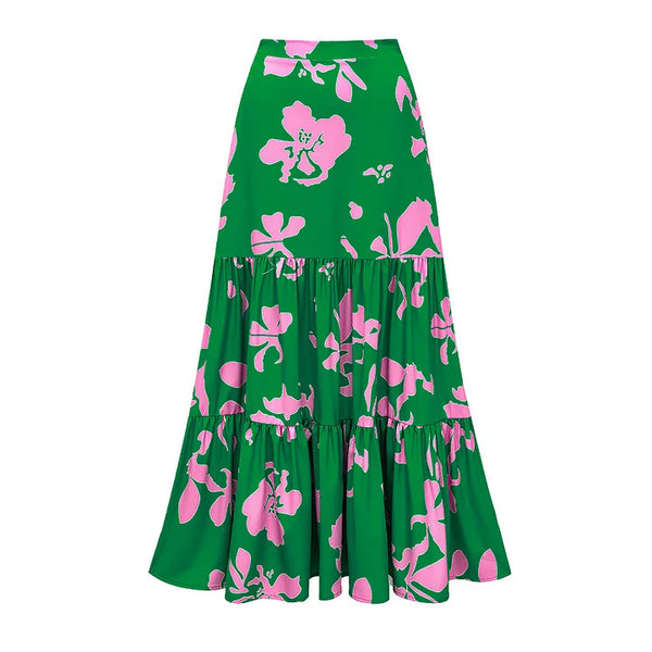 Green Floral Plunge Swimsuit With Maxi Cover Up
