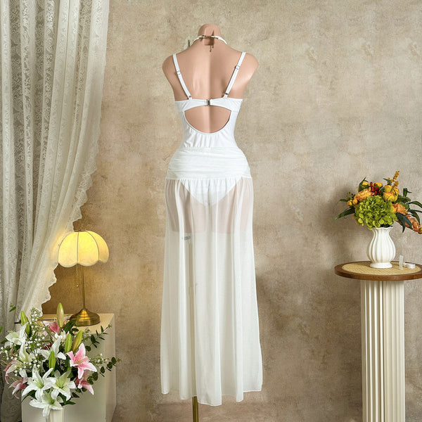 White Solid Deep V One Piece Swimsuit Beach Skirt