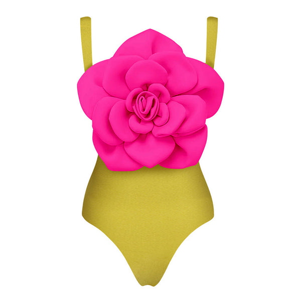 Solid Shoulder Strap Flower Décor One Piece Swimsuit with Skirt Green