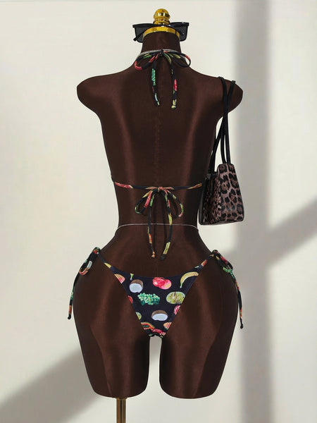 Black Fruit Print Halter Bikini Set With Beach Pants