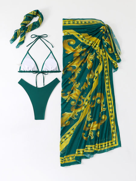 Random Print Halter Neck Four Piece Bikini Swimsuit Green