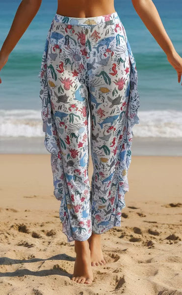 Multicolor Animal Print Halter Bikini Set With Beach Pants