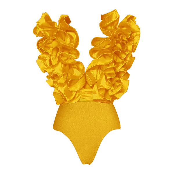 Yellow Solid Ruffle One Piece Swimsuit With Ruffle Skirt