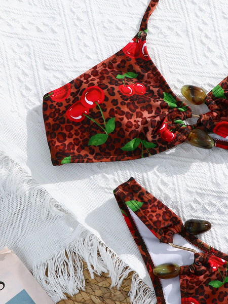 Red Mixed Print Halter Bikini Set