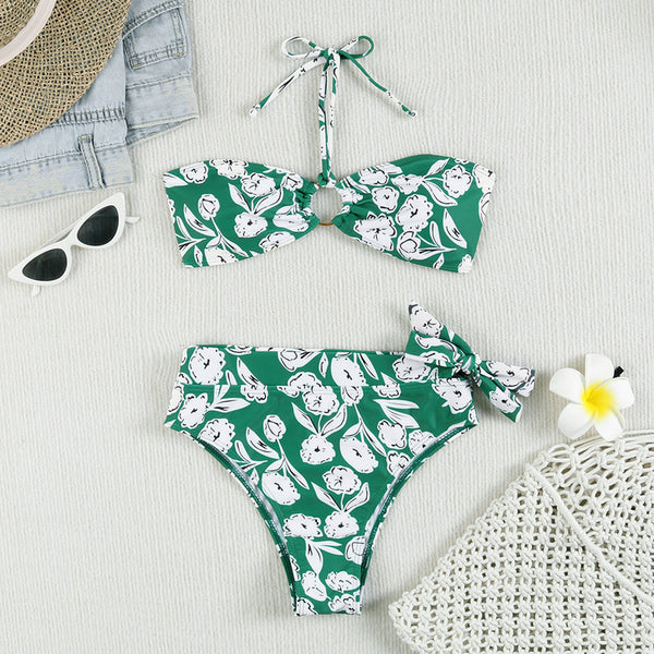Flower Print Halter Neck Front Ring Two Piece High Waist Bikini Green