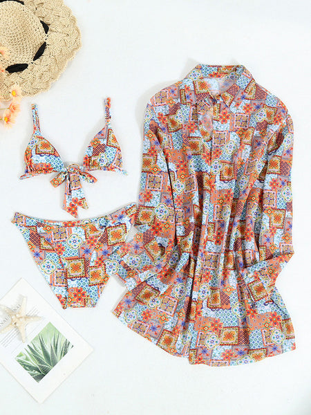 Random Shirt Print V Neck Three Piece Swimsuit Multicolor