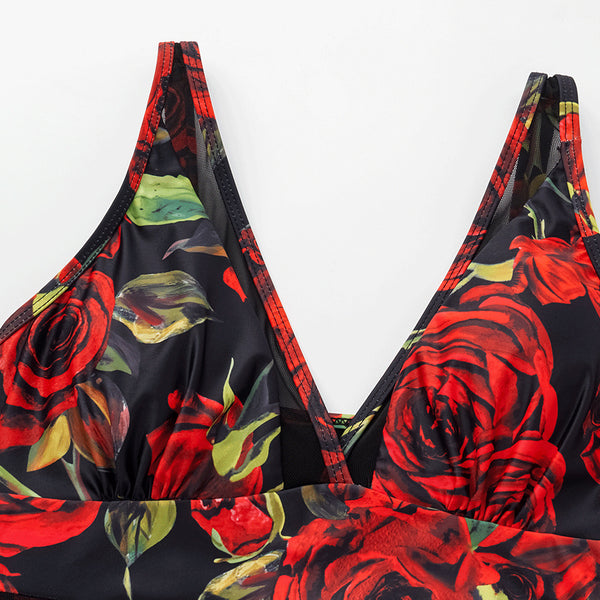 Black Floral Ruched Swimsuit