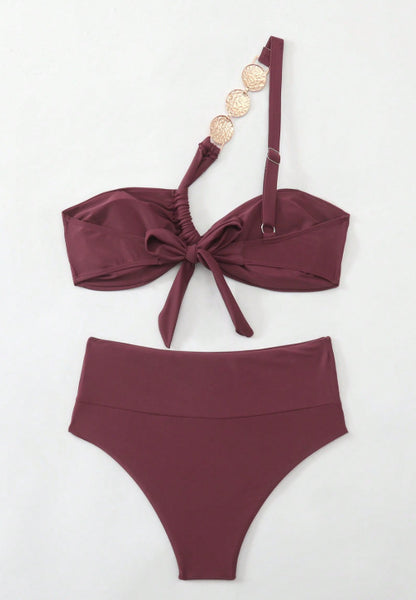 Light Maroon Solid One Shoulder Bikini Set