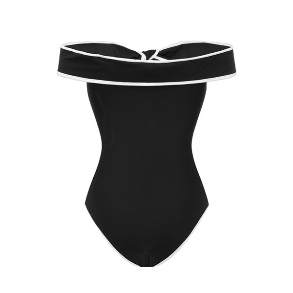 Black Solid Off Shoulder One Piece Swimsuit With Beach Skirt Set