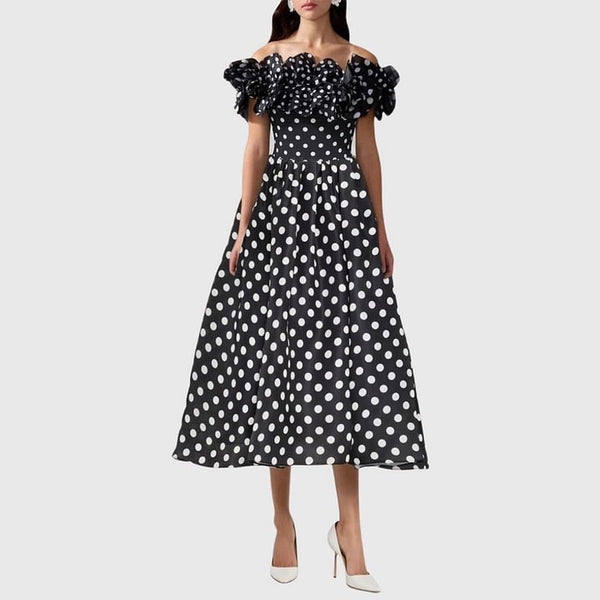 Black Polka Dots Off Shoulder One Piece Swimsuit With Maxi Cover Up