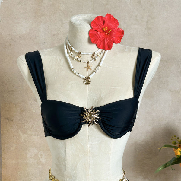 Black Solid Underwire Bikini Set With Beach Skirt