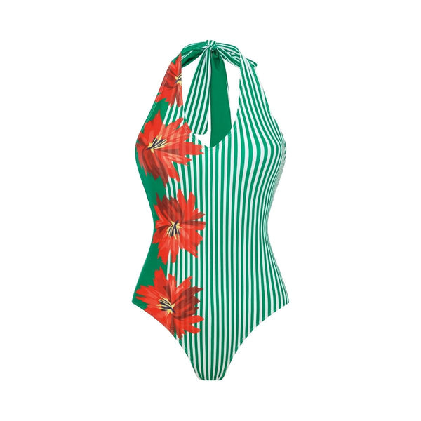 Green Stripes Halter One Piece Swimsuit With Maxi Cover Up