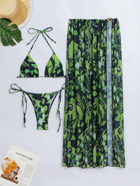 Green Mixed Print Triangle Bikini Set With Beach Skirt